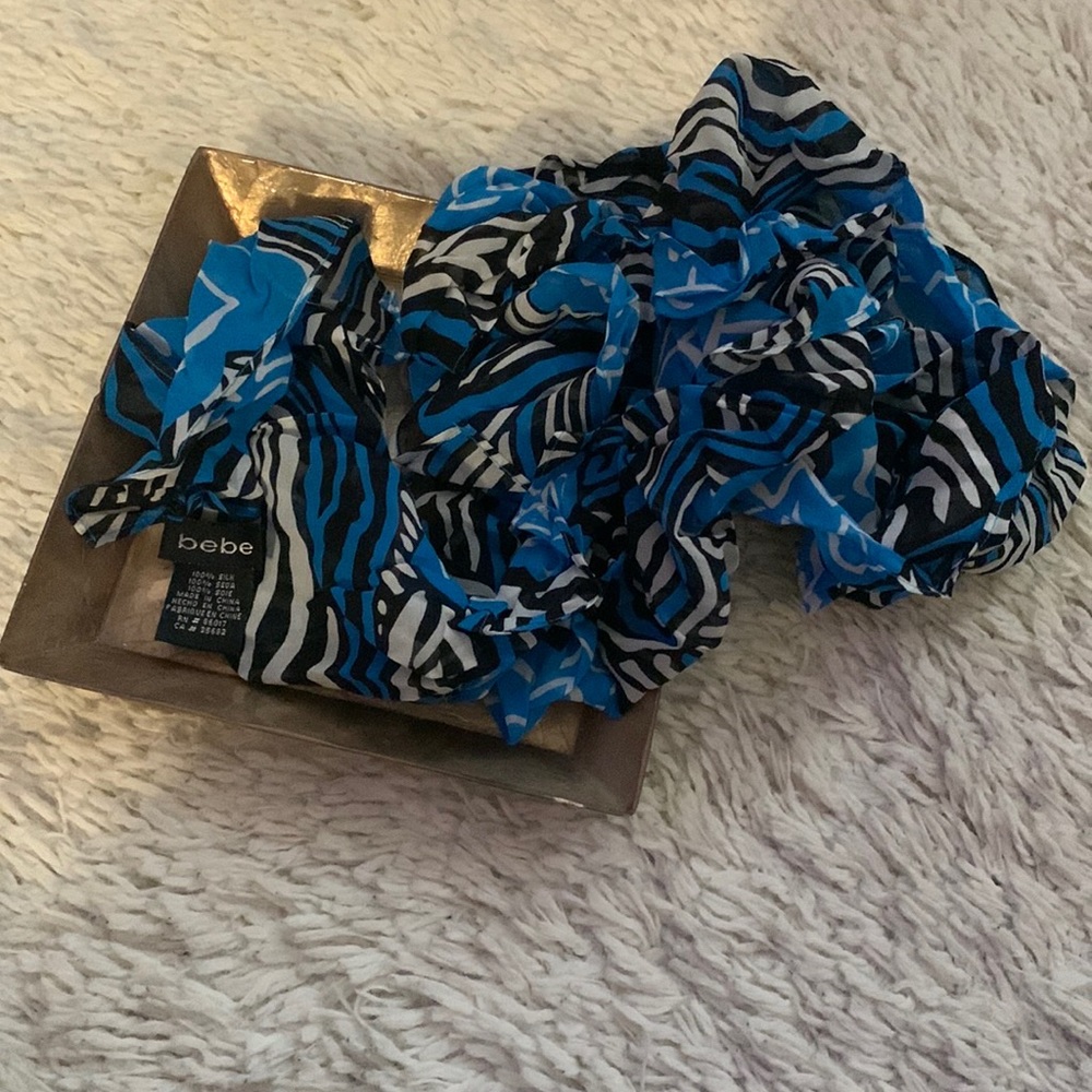 Y2k bebe Silk Blue Zebra Floral Print Scarf Belt